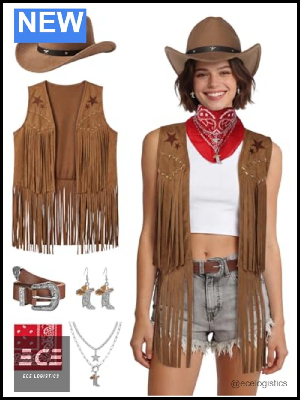 7Pc Cowgirl Costume Set Tassel Vest Cowboy Hat Belt Bandana Fringe Women